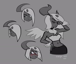 Size: 2048x1712 | Tagged: safe, artist:tangeluscious, absol, fictional species, mammal, mega absol, mega pokémon, anthro, nintendo, pokémon, blushing, bottomwear, clothes, crop top, female, fluff, horn, neck fluff, short shorts, shorts, solo, solo female, tail, thick thighs, thighs, topwear, wide hips, wings