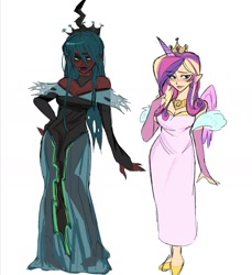 Size: 1290x1406 | Tagged: safe, artist:trixieacc06, princess cadence (mlp), queen chrysalis (mlp), human, mammal, friendship is magic, hasbro, my little pony, 2023, bottomwear, clothes, crown, dark skin, dress, duo, duo female, female, females only, headwear, horn, horned humanization, humanized, jewelry, regalia, simple background, skin, species swap, standing, white background