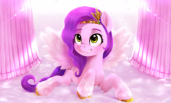 Size: 3000x1800 | Tagged: safe, artist:darksly, pipp petals (mlp), equine, fictional species, mammal, pegasus, pony, feral, hasbro, my little pony, my little pony g5, spoiler:my little pony g5, 2021, bed, body markings, circlet, cloven hooves, crown, curtains, cute, digital art, digital painting, eyebrows, feathered wings, feathers, female, fur, grin, hair, headwear, high res, hooves, jewelry, lying down, mane, mare, pink body, pink fur, princess pipp, prone, purple hair, purple mane, purple tail, regalia, smiling, solo, solo female, spread wings, tail, unshorn fetlocks, wings