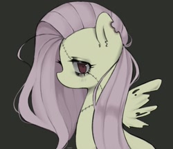 Size: 1791x1542 | Tagged: safe, artist:dekoi, fluttershy (mlp), equine, fictional species, mammal, pegasus, pony, undead, zombie, feral, friendship is magic, hasbro, my little pony, 2023, bags under eyes, bite mark, no mouth, simple background, solo, zombified