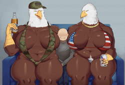 Size: 1280x871 | Tagged: suggestive, artist:goldcrustedchicken, bald eagle, bird, bird of prey, eagle, human, mammal, anthro, alcohol, american flag, american flag bikini, beer, beer bottle, bikini, blushing, breasts, camo, cleavage, clothes, couch, drink, faceless male, female, flag, fluff, hat, headwear, jewelry, male, necklace, nipple outline, pubic fluff, sitting, size difference, slightly chubby, sling bikini, smiling, swimsuit, united states of america
