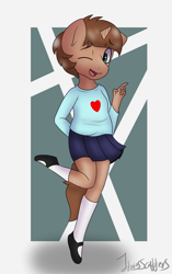 Size: 1511x2407 | Tagged: safe, artist:itwasscatters, oc, oc only, oc:heroic armour, equine, fictional species, mammal, pony, unicorn, anthro, bottomwear, brown coat, brown hair, brown mane, brown tail, clothes, colt, crossdressing, foal, hair, horn, male, mane, one eye closed, simple background, skirt, smiling, solo, solo male, standing, standing on one leg, tail, trap, winking, young