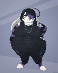 Size: 1203x1500 | Tagged: safe, artist:yellow_hellion, lagomorph, mammal, rabbit, bottomwear, clothes, fat, female, goth, huge belly, obese, pants, shirt, solo, solo female, topwear