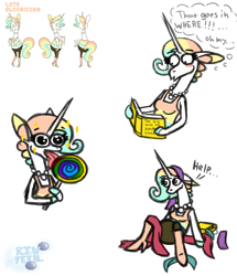 Size: 2861x3333 | Tagged: safe, artist:eldrick, artist:kyra kupetsky, oc, oc only, oc:late bloomicorn (kyra kupetsky), equine, fictional species, mammal, pony, unicorn, anthro, arm hooves, blushing, book, boots, bottomwear, clothes, clumsy, crop top, dialogue, dilated pupils, female, high heel boots, holding, hoof hold, hooves, horn, licking, lollipop, looking down, midriff, pants, pearl necklace, reading, shoes, shrunken pupils, sitting, slightly chubby, solo, solo female, sparkles, talking, thinking, thought bubble, tongue, tongue out, topwear