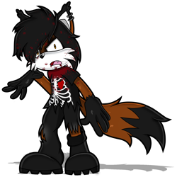 Size: 1800x1800 | Tagged: safe, artist:toyminator900, oc, oc:zakuro the fox (lightningbolt), canine, fictional species, fox, mammal, undead, zombie, anthro, sega, sonic the hedgehog (series), black hair, blood, boots, brown body, brown fur, clothes, dipstick tail, ear piercing, ear tuft, earring, emo, fur, hair, male, pants, piercing, ripped pants, ripped shirt, shirt, shoes, simple background, solo, solo male, tail, topwear, torn clothes, transparent background