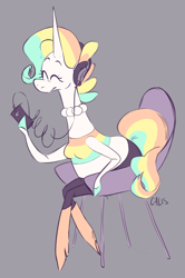 Size: 1930x2900 | Tagged: safe, artist:calis, oc, oc only, oc:late bloomicorn (kyra kupetsky), equine, fictional species, mammal, pony, unicorn, anthro, 2018, arm hooves, boots, bottomwear, breasts, chair, clothes, crop top, eyes closed, female, headphones, headwear, high heel boots, hooves, horn, leaning forward, listening to music, midriff, mp3 player, pants, pearl necklace, shoes, signature, sitting, slightly chubby, solo, solo female, topwear