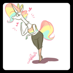 Size: 1181x1181 | Tagged: safe, artist:luchizz scary, oc, oc only, oc:late bloomicorn (kyra kupetsky), equine, fictional species, mammal, pony, unicorn, anthro, arm hooves, boots, bottomwear, clothes, colored sketch, crop top, female, heart, high heel boots, hooves, horn, leaning forward, love heart, midriff, pants, pearl necklace, shoes, signature, simple background, sketch, smiling, solo, solo female, tail, topwear, white background, wide hips