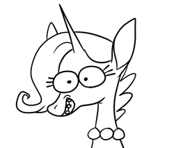 Size: 747x636 | Tagged: safe, artist:shoobular, oc, oc only, oc:late bloomicorn (kyra kupetsky), equine, fictional species, mammal, pony, unicorn, anthro, black and white, braces, bust, doodle, eyelashes, female, grayscale, grin, horn, looking at you, monochrome, pearl necklace, portrait, simple background, solo, solo female, white background