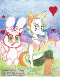 Size: 2041x2643 | Tagged: safe, artist:christen mccreavy, oc, oc only, oc:foof (kyra kupetsky), oc:late bloomicorn (kyra kupetsky), equine, fictional species, lagomorph, mammal, pony, rabbit, unicorn, anthro, semi-anthro, arm hooves, blue eyes, boots, bottomwear, breasts, clothes, colored pencil drawing, colored sclera, crop top, duo, duo female, eyelashes, fangs, female, females only, fuwa fuwa foof, heart, high heel boots, hooves, horn, lidded eyes, love heart, midriff, open mouth, open smile, pants, pearl necklace, raised arms, sharp teeth, shoes, sitting, slightly chubby, smiling, tail, teary eyes, teeth, topwear, traditional art, yellow sclera