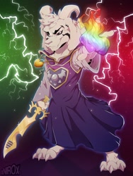 Size: 960x1280 | Tagged: safe, artist:xnir0x, asriel dreemurr (undertale), bovid, goat, mammal, anthro, undertale, 2018, clothes, digital art, ears, fire, fur, horns, jewelry, lightning, looking at you, male, necklace, paws, solo, solo male, sword, weapon, white body, white fur