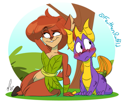 Size: 791x666 | Tagged: safe, artist:feathers-ruffled, elora (spyro), spyro the dragon (spyro), dragon, faun, fictional species, mammal, western dragon, anthro, feral, unguligrade anthro, spyro the dragon (series), blushing, breasts, cleavage, clothes, duo, eyebrows, female, hand behind head, hooves, looking away, male, nervous, raised eyebrow, sitting, smiling, spread wings, sweat, tail, wings