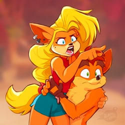 Size: 1680x1680 | Tagged: safe, artist:alaynakgray, crash bandicoot (crash bandicoot), tawna bandicoot (crash bandicoot), bandicoot, mammal, marsupial, anthro, crash bandicoot (series), 2023, blonde hair, blue eyes, bottomwear, chest fluff, clothes, duo, ear fluff, eyebrows, female, fingerless gloves, fluff, fur, gloves, green eyes, hair, lipstick, long hair, makeup, male, open mouth, orange body, orange fur, pointing, shirt, shorts, shoulder fluff, tank top, topwear, woman yelling at a cat