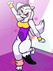 Size: 1086x1460 | Tagged: safe, oc, oc:sayako, mammal, mustelid, otter, anthro, aerobics, clothes, digital art, ears, female, fur, hair, indoors, one eye closed, open mouth, paws, purple eyes, solo, solo female, sweatband, tail, white body, white fur, white hair, yoga