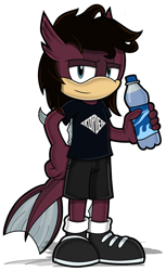 Size: 1222x2000 | Tagged: safe, artist:toyminator900, fish, salmon, anthro, bring me the horizon, jordan fish, sega, sonic the hedgehog (series), blue eyes, bottomwear, brown hair, clothes, fins, fish tail, hair, hand on hip, holding, lidded eyes, male, shirt, shoes, shorts, simple background, solo, solo male, sonicified, t-shirt, tail, topwear, transparent background, water bottle