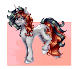 Size: 1680x1530 | Tagged: safe, artist:symphstudio, oc, oc only, equine, fictional species, mammal, pony, unicorn, feral, friendship is magic, hasbro, my little pony, 2023, commission, female, freckles, fur, gray body, gray fur, hair, hooves, horn, mare, multicolored hair, multicolored mane, multicolored tail, smiling, solo, solo female, tail, unshorn fetlocks