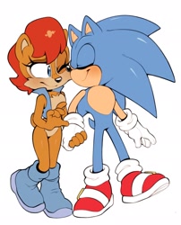 Size: 1655x2048 | Tagged: safe, artist:meanbeanzone, princess sally acorn (sonic), sonic the hedgehog (sonic), chipmunk, hedgehog, mammal, rodent, anthro, archie sonic the hedgehog, sega, sonic the hedgehog (series), boots, clothes, female, holding, holding hands, male, male/female, one eye closed, shoes, sonally (sonic)