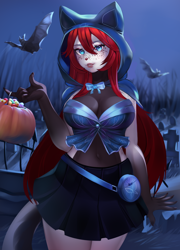 Size: 864x1200 | Tagged: safe, artist:samuel-white, oc, oc only, cat, feline, mammal, anthro, 2023, belly button, black nose, breasts, candy, clothes, commission, costume, detailed background, digital art, ears, eyelashes, female, food, fur, hair, halloween, halloween costume, looking at you, pumpkin bucket, solo, solo female, tail, thighs, wide hips, ych result