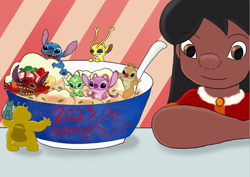 Size: 1043x737 | Tagged: safe, artist:0℃iy, angel (lilo & stitch), bonnie (lilo & stitch), clyde (lilo & stitch), leroy (lilo & stitch), lilo pelekai (lilo & stitch), reuben (lilo & stitch), sparky (lilo & stitch), stitch (lilo & stitch), alien, experiment (lilo & stitch), fictional species, human, mammal, disney, lilo & stitch, 2023, 3 toes, 4 fingers, antennae, antennae marking, back marking, back spines, black eyes, blue body, blue eyes, blue fur, blue nose, body markings, bowl, brown eyes, chest marking, child, chinese new year, claws, container, cute, cute little fangs, cybernetic arm, digital art, dipstick antennae, ear marking, eyelashes, fangs, female, finger claws, fingers, fluff, food, forked antennae, fur, group, head fluff, head marking, long antennae, male, micro, multicolored antennae, open mouth, open smile, pink body, purple nose, red body, red fur, red nose, smiling, tan body, teeth, yellow body, yellow fur, yellow teeth, young