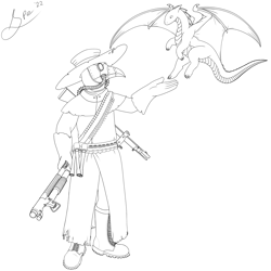 Size: 6000x6000 | Tagged: safe, artist:spe, oc, oc only, dragon, fictional species, human, mammal, western dragon, feral, 2022, clothes, coat, digital art, duo, gas mask, gun, hat, headwear, horns, line art, mask, plague doctor, rifle, scales, shotgun, signature, topwear, tranch coat, weapon, wings