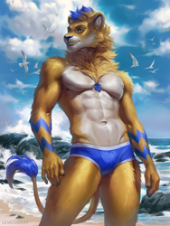 Size: 750x1000 | Tagged: safe, artist:levelviolet, oc, oc only, oc:dexter (dexterlion), big cat, feline, lion, mammal, anthro, 2022, amber eyes, belly button, blue hair, clothes, cream body, cream fur, digital art, ears, fur, hair, jewelry, leonine tail, male, midriff, muscles, necklace, ocean, outdoors, partial nudity, pinup, sky, solo, solo male, standing, tail, tail tuft, tan body, tan fur, tan hair, topless, underwear, water