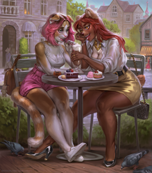 Size: 875x1000 | Tagged: safe, artist:levelviolet, oc, oc only, bear, cat, feline, mammal, anthro, 2023, amber eyes, belt, bottomwear, breasts, brown body, brown fur, brown hair, building, cake, chair, city, cleavage, clothes, cream body, cream fur, digital art, drinking straw, duo, duo female, ears, female, females only, food, fur, glass, hair, handbag, jewelry, milkshake, necklace, outdoors, pink hair, shirt, shoes, short tail, shorts, sitting, skirt, table, tail, tan body, tan fur, tank top, teal eyes, topwear