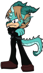 Size: 1175x2000 | Tagged: safe, artist:toyminator900, dragon, fictional species, anthro, bob bryar, my chemical romance, sega, sonic the hedgehog (series), angry, anthrofied, blonde hair, blue eyes, bottomwear, clothes, crossed arms, fangs, furrified, hair, horns, jacket, male, pants, piercing, scales, sharp teeth, shirt, shoes, simple background, solo, solo male, sonicified, spines, teal body, teeth, topwear, transparent background, undershirt