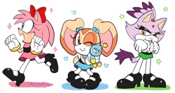 Size: 1200x645 | Tagged: safe, artist:domestic_maid, amy rose (sonic), blaze the cat (sonic), blossom (the ppgs), bubbles (the ppgs), buttercup (the ppgs), cheese (sonic), cream the rabbit (sonic), cat, chao, feline, fictional species, hedgehog, lagomorph, mammal, rabbit, anthro, plantigrade anthro, cartoon network, sega, sonic the hedgehog (series), the powerpuff girls, crossover, female, females only, octi (the ppgs), trio, trio female