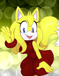 Size: 1008x1280 | Tagged: safe, alternate version, artist:bigdon1992, zooey the fox (sonic), canine, fox, mammal, anthro, sega, sonic boom (series), sonic the hedgehog (series), 2021, 5 fingers, black nose, blue eyes, bottomwear, bracelet, breasts, clothes, dipstick tail, female, fingers, gradient background, hair, hands, jewelry, looking at you, multicolored tail, open mouth, red dress, skirt, smiling, smiling at you, solo, solo female, tail, teeth, tongue, two toned tail, white tail, yellow body, yellow hair, yellow tail