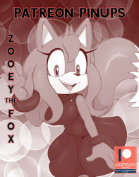 Size: 1009x1280 | Tagged: safe, artist:bigdon1992, part of a set, zooey the fox (sonic), canine, fox, mammal, anthro, sega, sonic boom (series), sonic the hedgehog (series), 2021, 5 fingers, black nose, bottomwear, bracelet, breasts, clothes, dipstick tail, dress, female, gradient background, hair, hands, jewelry, looking at you, multicolored tail, open mouth, patreon, patreon logo, patreon reward, pinup, smiling, smiling at you, solo, solo female, tail, text, tongue, two toned tail