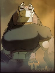 Size: 2250x3000 | Tagged: safe, artist:neosavias, alien, fictional species, anthro, abs, bottomwear, breasts, clothes, female, huge breasts, muscles, muscular female, pants, shirt, solo, solo female, topwear