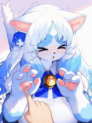 Size: 1500x2000 | Tagged: safe, artist:kishibe_, cat, feline, human, mammal, adorable distress, blushing, eyes closed, female, female focus, palm pads, paw pads, paws, solo focus, tail