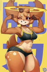 Size: 1176x1800 | Tagged: safe, artist:kokonidraws, cervid, deer, mammal, anthro, antlers, bottomwear, clothes, female, flexing, halo, muscles, muscular female, one eye closed, shorts, solo, solo female, sports bra, sports shorts, thick thighs, thighs, topwear, wide hips