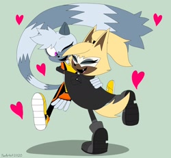 Size: 2048x1895 | Tagged: safe, artist:fartist2020, tangle the lemur (sonic), whisper the wolf (sonic), canine, lemur, mammal, primate, ring-tailed lemur, wolf, idw sonic the hedgehog, sega, sonic the hedgehog (series), blushing, bodysuit, boots, cape, chest fluff, clothes, duo, duo female, fangs, female, females only, fingerless gloves, fingers, fluff, fur, gloves, gray body, gray fur, gray hair, hair, hair accessory, heart, high res, holiday, hugging from behind, legs in air, magenta eyes, multicolored tail, one eye closed, one leg raised, open mouth, ponytail, raised leg, shadow, sharp teeth, shoes, shoulder pads, simple background, smiling, spread legs, tail, teeth, tight clothing, tongue, two toned tail, valentine's day, watermark, whispangle (sonic)