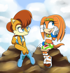 Size: 1000x1041 | Tagged: safe, artist:awesomeblossompossum, princess sally acorn (sonic), tikal the echidna (sonic), chipmunk, echidna, mammal, monotreme, rodent, anthro, archie sonic the hedgehog, cc by-nc-nd, creative commons, sega, sonic the hedgehog (series), 2014, 5 toes, bandage, blue eyes, boots, brown body, brown hair, brown tail, clothes, cloud, digital art, duo, duo female, female, females only, fur, gloves, hair, hand on face, headwear, jacket, jewelry, multicolored body, necklace, open mouth, orange body, orange fur, orange tail, rock, sandals, shoes, short tail, sitting, sky, smiling, tail, tan body, topwear, two toned body, white gloves