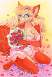 Size: 585x870 | Tagged: safe, artist:imanika, oc, oc only, canine, fox, mammal, anthro, digitigrade anthro, 2023, black nose, breasts, clothes, digital art, ears, eyelashes, female, flower, fur, hair, kneeling, lingerie, looking at you, plant, solo, solo female, tail, thighs, underwear, vixen, wide hips