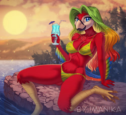 Size: 890x813 | Tagged: safe, artist:imanika, oc, oc only, bird, parrot, anthro, digitigrade anthro, 2023, alcohol, beach, beak, belly button, bikini, breasts, clothes, cocktail, commission, detailed background, digital art, drink, ears, eyelashes, female, fur, hair, looking at you, open mouth, solo, solo female, swimsuit, tail, thighs, tongue, wide hips, ych result