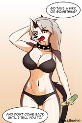 Size: 1100x1650 | Tagged: safe, artist:deskmaniac, loona (vivzmind), canine, fictional species, hellhound, mammal, anthro, helluva boss, 2023, armpits, arms behind head, belly button, bra, breasts, clothes, collar, colored sclera, cucumber, dialogue, digital art, ears, eyelashes, female, food, fur, hair, holding, open mouth, panties, red sclera, sharp teeth, solo, solo female, speech bubble, spiked collar, tail, talking, talking to viewer, teeth, text, thighs, tongue, underwear, wide hips