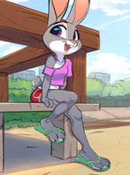 Size: 1289x1731 | Tagged: safe, artist:siroc, judy hopps (zootopia), lagomorph, mammal, rabbit, anthro, plantigrade anthro, disney, zootopia, 2023, beach, bottomwear, clothes, crop top, cropped shirt, detailed background, feet, female, happy, midriff, open mouth, open smile, pier, sandals, shoes, shorts, smiling, solo, solo female, topwear