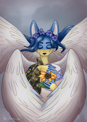 Size: 1240x1754 | Tagged: safe, artist:toni_furry_ua, oc, angel, canine, fictional species, fox, mammal, current events, flower, plant, soldier, sunflower, ukraine, wings