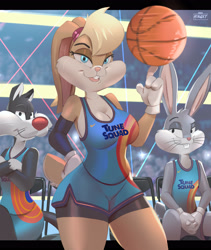Size: 2700x3200 | Tagged: safe, artist:hinget, bugs bunny (looney tunes), lola bunny (looney tunes), sylvester (looney tunes), cat, feline, lagomorph, mammal, rabbit, anthro, looney tunes, space jam, space jam: a new legacy, warner brothers, ball, basketball, basketball (ball), basketball uniform, black body, black fur, blonde hair, clothes, cyan eyes, ears, female, fur, gray body, gray fur, group, hair, high res, jersey, looking at you, male, short tail, sports, tail, tan body, tan fur, trio, white body, white fur
