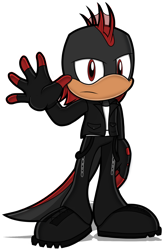 Size: 1200x1800 | Tagged: safe, artist:toyminator900, nameless oc, oc, oc only, amphibian, red backed salamander, salamander, anthro, sega, sonic the hedgehog (series), black body, boots, clothes, fingerless gloves, gloves, hair, jacket, male, mohawk, red eyes, shirt, shoes, simple background, solo, solo male, tail, topwear, transparent background, undershirt