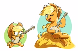 Size: 4096x2703 | Tagged: safe, artist:notfocks, applejack (mlp), earth pony, equine, fictional species, mammal, pony, feral, friendship is magic, hasbro, my little pony, 2023, banjo, clothes, cowboy hat, cute, female, filly, foal, hat, hay, headwear, high res, holding, hoof hold, hooves, mare, musical instrument, one eye closed, open mouth, open smile, self paradox, simple background, sitting, smiling, solo, solo female, white background, winking, young