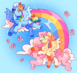 Size: 4096x3877 | Tagged: safe, artist:cocopudu, fluttershy (mlp), rainbow dash (mlp), equine, fictional species, mammal, pegasus, pony, feral, friendship is magic, hasbro, my little pony, 2023, cloven hooves, duo, duo female, feathered wings, feathers, female, female/female, females only, flutterdash (mlp), flying, high res, hooves, looking at each other, looking at someone, mare, open mouth, open smile, rainbow, redraw, shipping, smiling, smiling at each other, spread wings, tail, wings