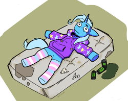 Size: 666x528 | Tagged: safe, artist:balileart, trixie (mlp), equine, fictional species, mammal, pony, unicorn, feral, friendship is magic, hasbro, my little pony, 2023, bed, clothes, dirty, featureless crotch, female, flag, hoodie, horn, legwear, lying down, mare, mattress, on back, on bed, pride, pride flag, simple background, socks, solo, solo female, striped clothes, striped legwear, tail, thousand yard stare, topwear, transgender, transgender pride flag, white background