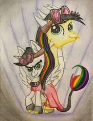 Size: 2672x3500 | Tagged: safe, artist:gracefulart693, oc, oc only, oc:lightning bliss, alicorn, equine, fictional species, mammal, pony, feral, friendship is magic, hasbro, my little pony, 2017, bottomwear, clothes, dress, duo, duo female, female, females only, goggles, hair, high res, horn, jewelry, multicolored hair, necklace, rainbow hair, traditional art, wings