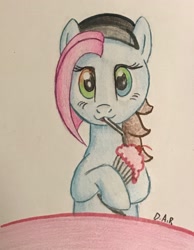 Size: 1813x2338 | Tagged: safe, artist:gracefulart693, oc, oc only, earth pony, equine, fictional species, mammal, pony, feral, friendship is magic, hasbro, my little pony, 2017, bust, clothes, eyelashes, hat, headwear, milkshake, open mouth, smiling, solo, traditional art