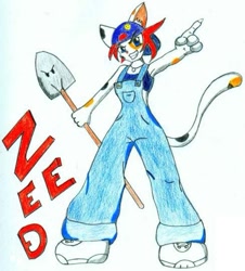 Size: 489x541 | Tagged: safe, artist:reddragonkan, calico, cat, feline, mammal, anthro, blue eyes, cap, clothes, female, hair, hat, headwear, overalls, red hair, shovel, solo, solo female, traditional art