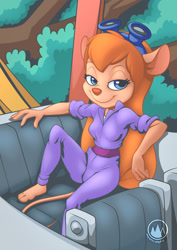 Size: 955x1351 | Tagged: safe, artist:mysticalpha, gadget hackwrench (chip 'n dale: rescue rangers), mammal, mouse, rodent, anthro, chip 'n dale: rescue rangers, disney, 2023, 2d, blue eyes, breasts, cream body, cream fur, female, front view, fur, goggles, goggles on head, hair, lidded eyes, looking at you, murine, orange hair, sitting, smiling, smiling at you, solo, solo female, three-quarter view