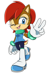 Size: 800x1200 | Tagged: safe, artist:awesomeblossompossum, princess sally acorn (sonic), chipmunk, mammal, rodent, anthro, archie sonic the hedgehog, cc by-nc-nd, creative commons, sega, sonic the hedgehog (series), sonic x, 2014, 5 fingers, alternate universe, black nose, black pants, blue eyes, boots, bracelet, breasts, brown body, brown tail, clothes, digital art, female, gesture, gloves, hair, hands, high res, jacket, jewelry, looking at you, multicolored tail, one eye closed, one leg raised, open mouth, peace sign, raised leg, red hair, scarf, shoes, short tail, simple background, smiling, smiling at you, solo, solo female, tail, tan tail, tongue, topwear, transparent background, two toned tail, white gloves