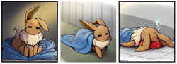 Size: 3182x1158 | Tagged: safe, artist:otakuap, eevee, eeveelution, fictional species, mammal, feral, garfield (comic), nintendo, pokémon, blanket, comic, cute, ears, eyes closed, fluff, food bowl, fur, neck fluff, paws, picture-in-picture, reference, sleeping, tail, tired, walking, wholesome, zzz